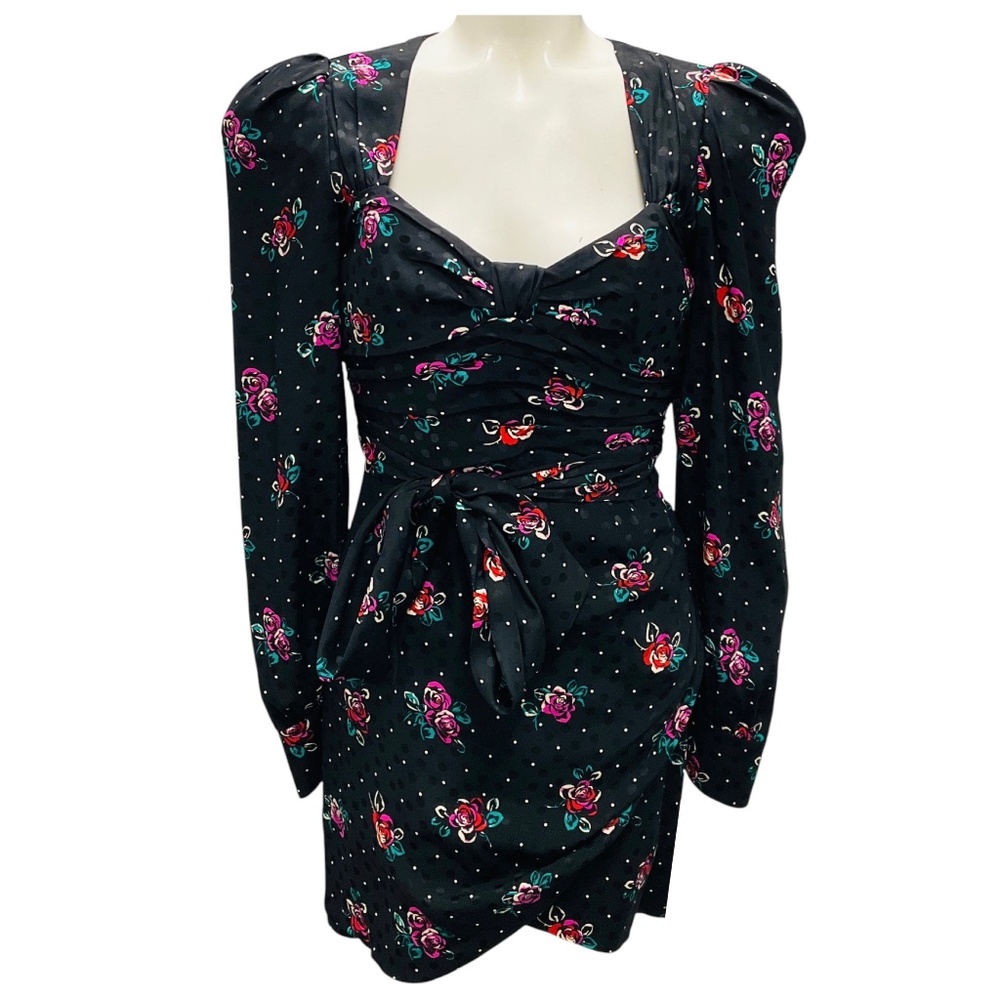 ALESSANDRA RICH BLACK MULTI ROSE PRINT SILK JACQUARD MINI DRESS WITH BOW